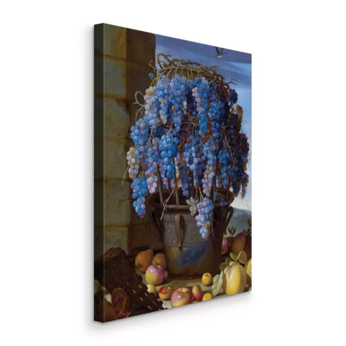 Canvas Een metalen emmer vol druiven omringd door appels