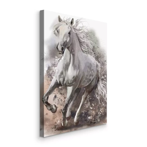 Canvas Aquarelschilderij van een rennend wit paard in beweging