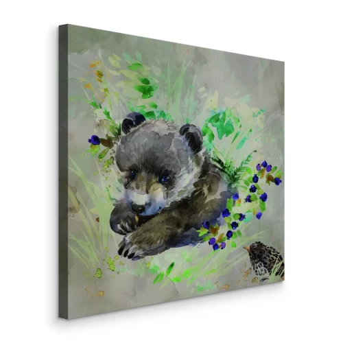 Canvas Beren met een vogel in een subtiele aquarel