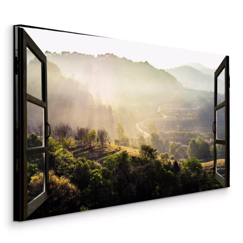 Canvas Zonnig berglandschap gezien vanuit het raam