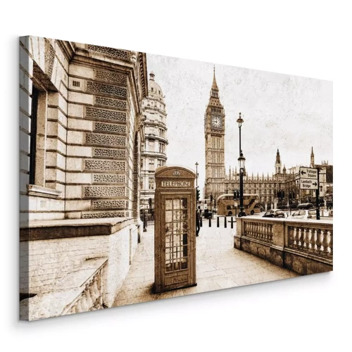 Canvas Vintage telefooncel met panoramisch uitzicht op de klokkentoren