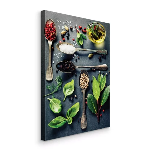 Canvas Een compositie van kruiden met olijfolie en bladeren