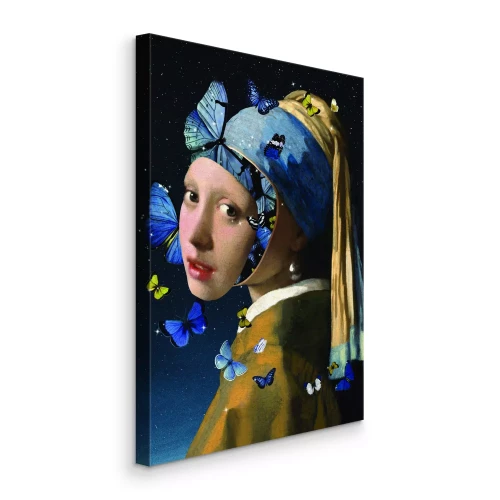 Canvas Meisje met de parel in een surrealistische compositie met vlinders
