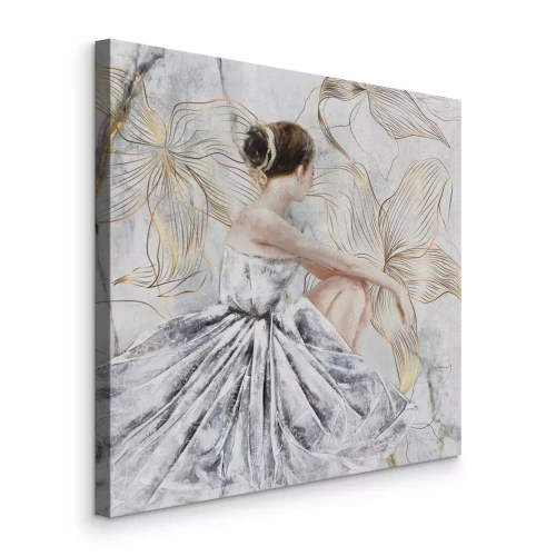 Canvas Een vrouw in een balletjurk tegen een achtergrond van gouden bloemen
