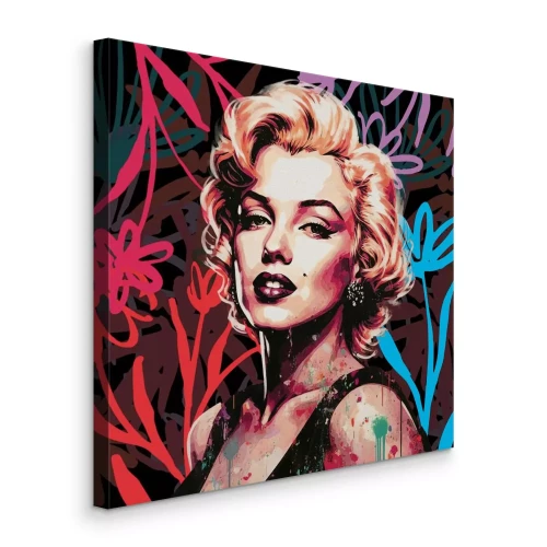 Canvas Marilyn Monroe met een bloemenachtergrond in schetsstijl