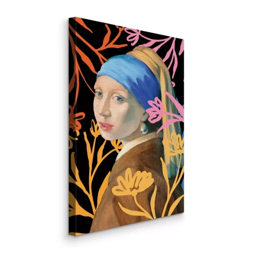 Canvas Portret van het meisje met de parel met neonplanten