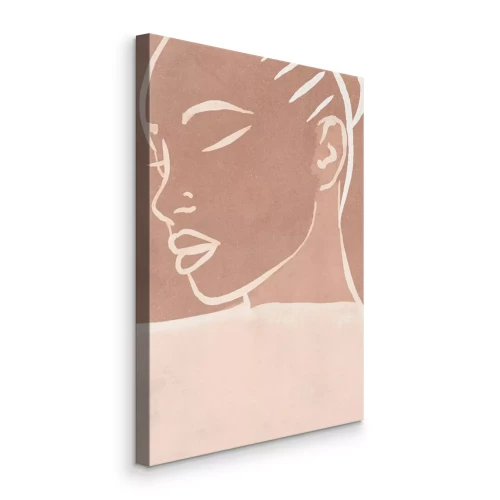 Canvas Een minimalistische tekening van een vrouwengezicht op een warme achtergrond.