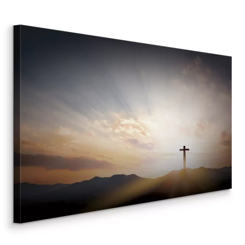 Canvas Silhouet van het kruis in het ochtendlicht