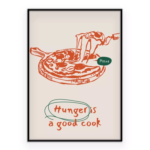 Poster Een minimalistische tekening van een pizza met draderige kaas