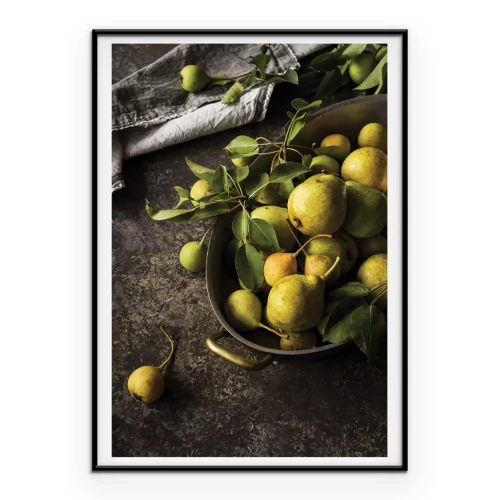 Poster Sappige peren in een minimalistische kom op de keukentafel