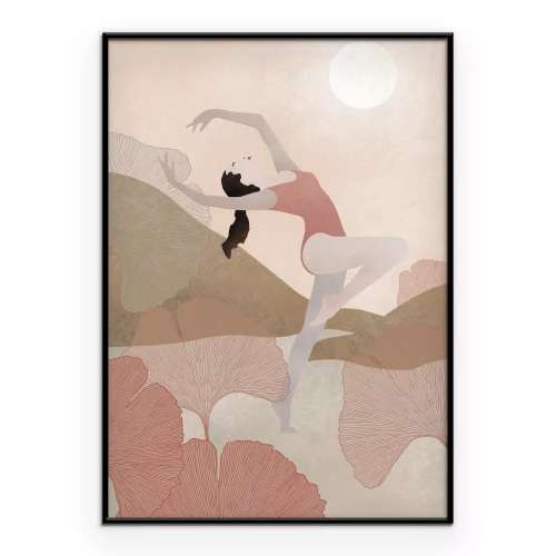 Poster Een delicate danseres tegen de achtergrond van bergen en de zon