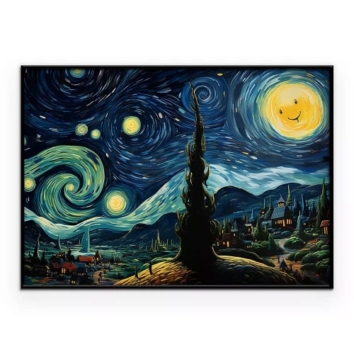 Poster Een sprookjesachtig stadje onder een wervelende hemel