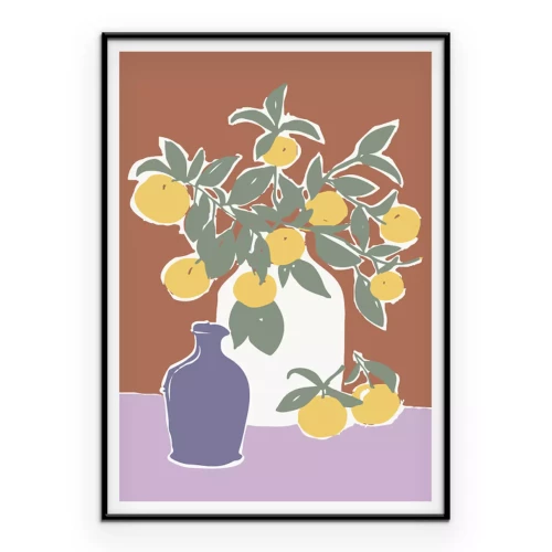 Poster Een decoratie met citroenen in een vaas op een natuurlijke bruine achtergrond