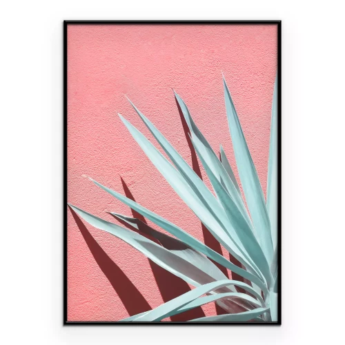 Poster Lichtgroene bladeren op een roze achtergrond