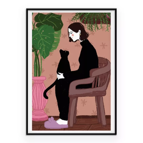 Poster Vrouw ontspant met haar kat op een stoel
