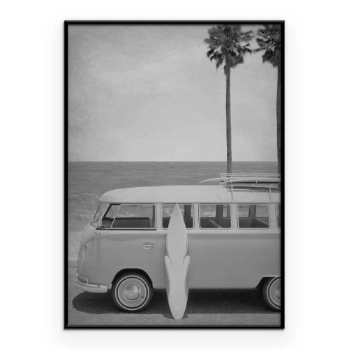 Poster Retro bus met planken aan het strand