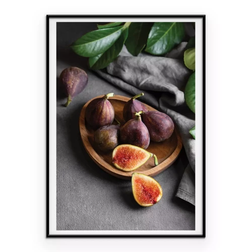 Poster Een natuurlijke compositie met vijgen en bladeren op het aanrecht