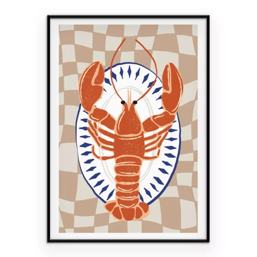 Poster Kreeft geserveerd op een geruit tafelkleed