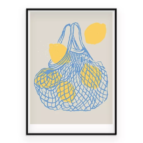 Poster Een compositie met citroenen in een blauwe stoffen tas