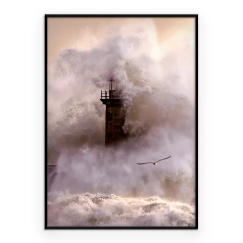 Poster Een vuurtoren in dikke mist