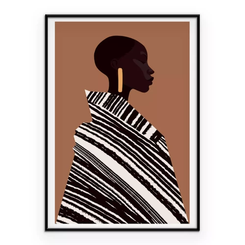 Poster Een modieuze vrouw draagt een gestreepte jas tegen een warme achtergrond