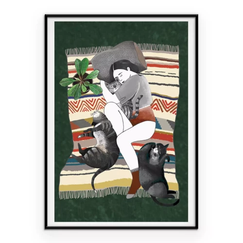 Poster Vrouw met katten op een zachte deken