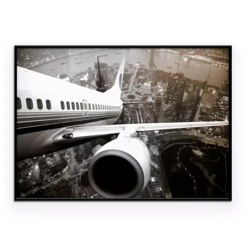 Poster Vlucht boven de grond met zicht op het vliegtuig