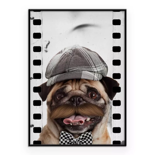 Poster Een gestileerd portret van een mopshond met retro-accessoires.