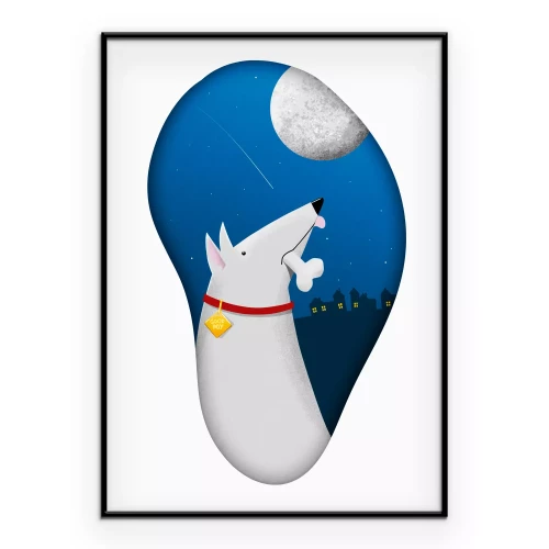 Poster Illustratie van een hond 's nachts met een grote maan