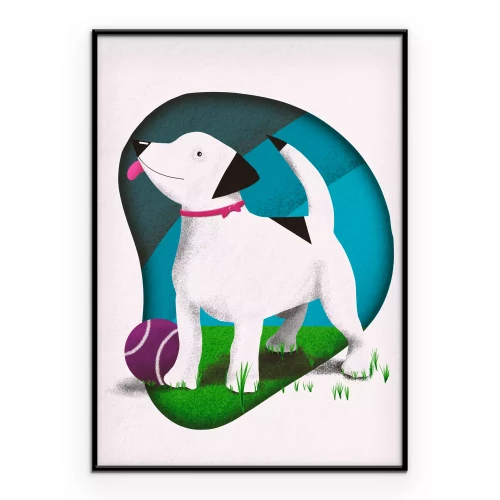 Poster Illustratie van een hond met een paarse bal