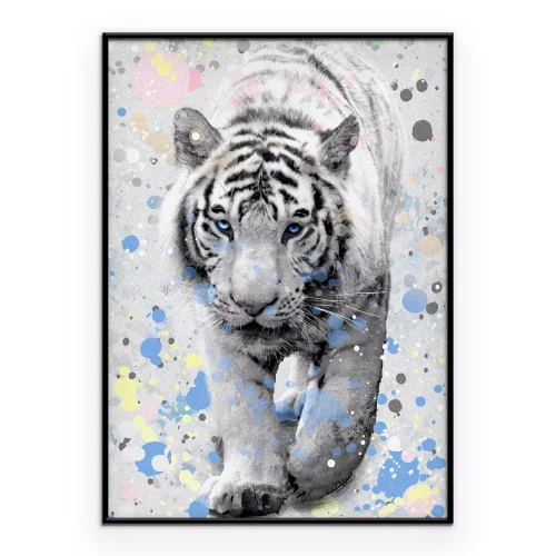 Poster Een witte tijger tegen een achtergrond van kleurrijke vlekken