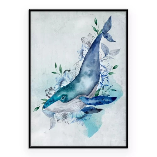 Poster Aquarelillustratie van een walvis in bloemen