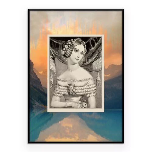 Poster Portret van een vrouw tegen de achtergrond van bergen bij zonsondergang