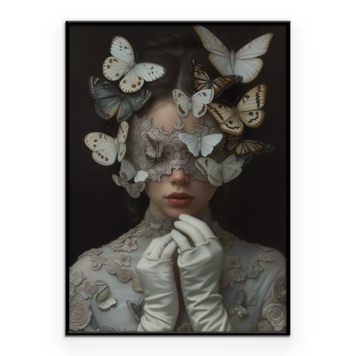 Poster Portret van een vrouw tussen witte en beige vlinders