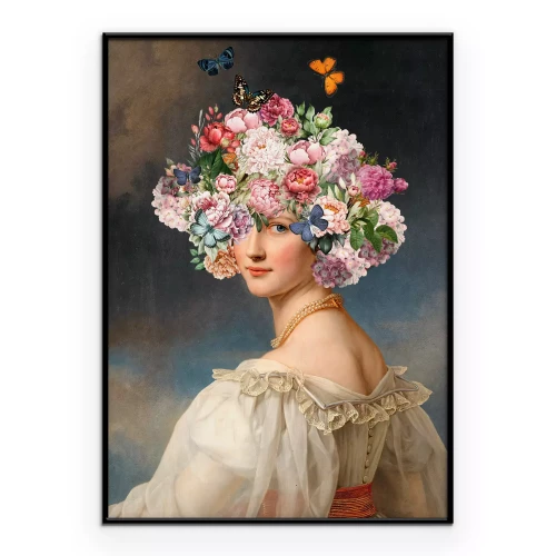Poster Portret van een vrouw met een boeket op haar hoofd in een klassieke stijl.