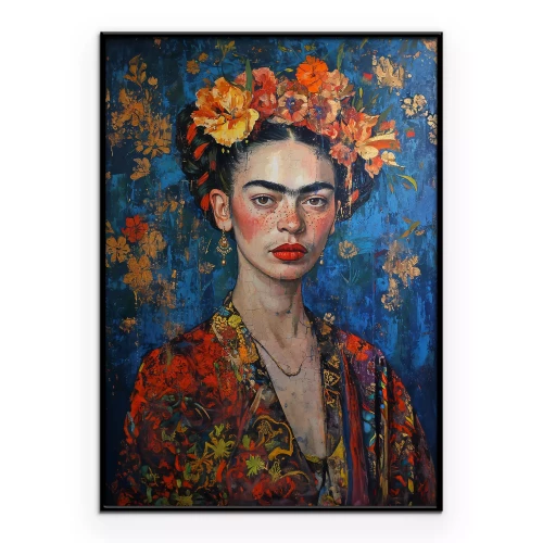 Poster Portret van Frida Kahlo op een blauwe achtergrond met bloemen in haar haar.