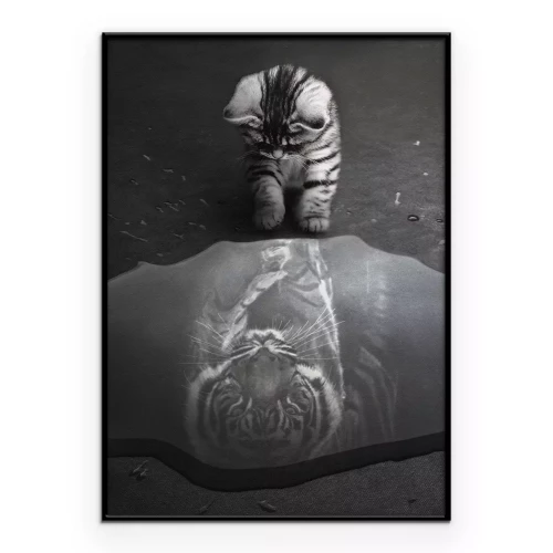 Poster Een kleine kat met de weerspiegeling van een tijger in het water