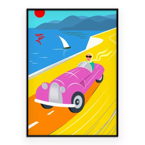 Poster Vrouw in een roze auto aan de kust