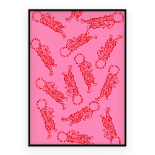 Poster Een herhalend patroon met rode tijgers op een roze achtergrond