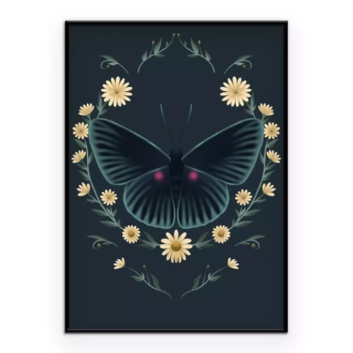Poster Donkere vlinder in een bloemenlijst