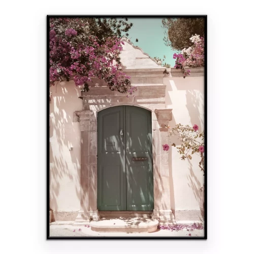 Poster Pastelkleurige deuren met bloeiende planten