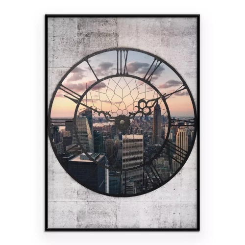 Poster De stad bij schemering, binnen het kader van de klok.