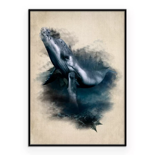 Poster Een walvis- en bosmotief in een abstracte compositie