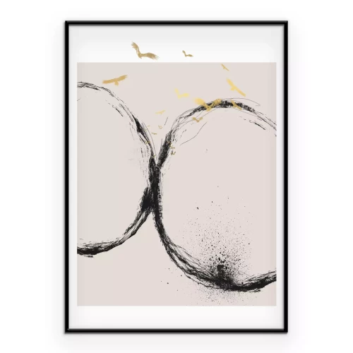 Poster Gouden vogels boven zwarte cirkels