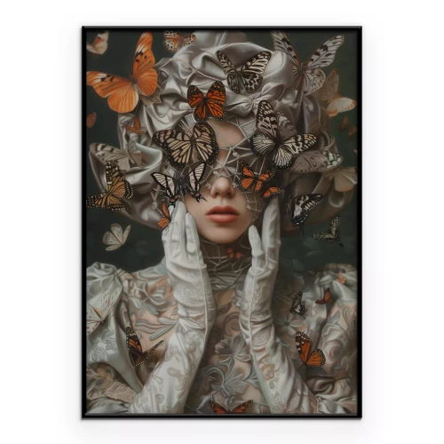 Poster Een vrouw tussen vlinders in een artistieke compositie