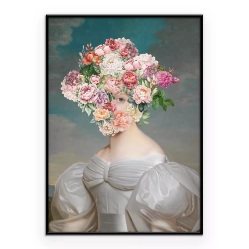 Poster Renaissanceportret van een vrouw met een boeket op haar hoofd.