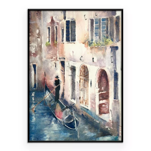 Poster Venetië vanuit een gondel op een historisch kanaal.