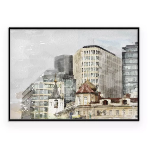 Poster Aquarel stadsgebouwen op een lichte achtergrond