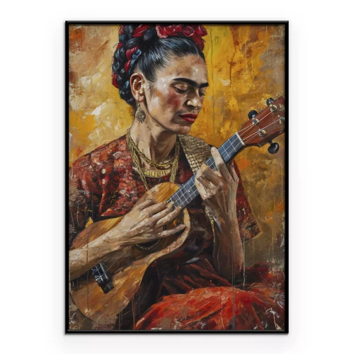 Poster Portret van Frida Kahlo met een ukelele tegen een gele achtergrond