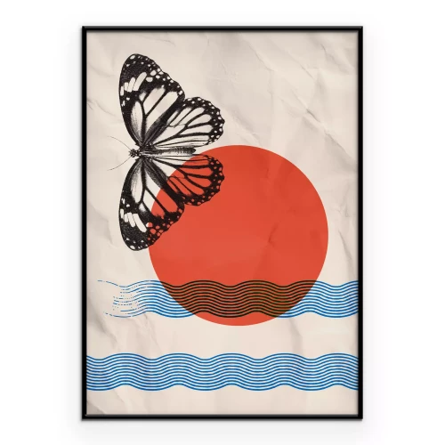 Poster Een zwarte vlinder op een achtergrond met golven en een rode zon.